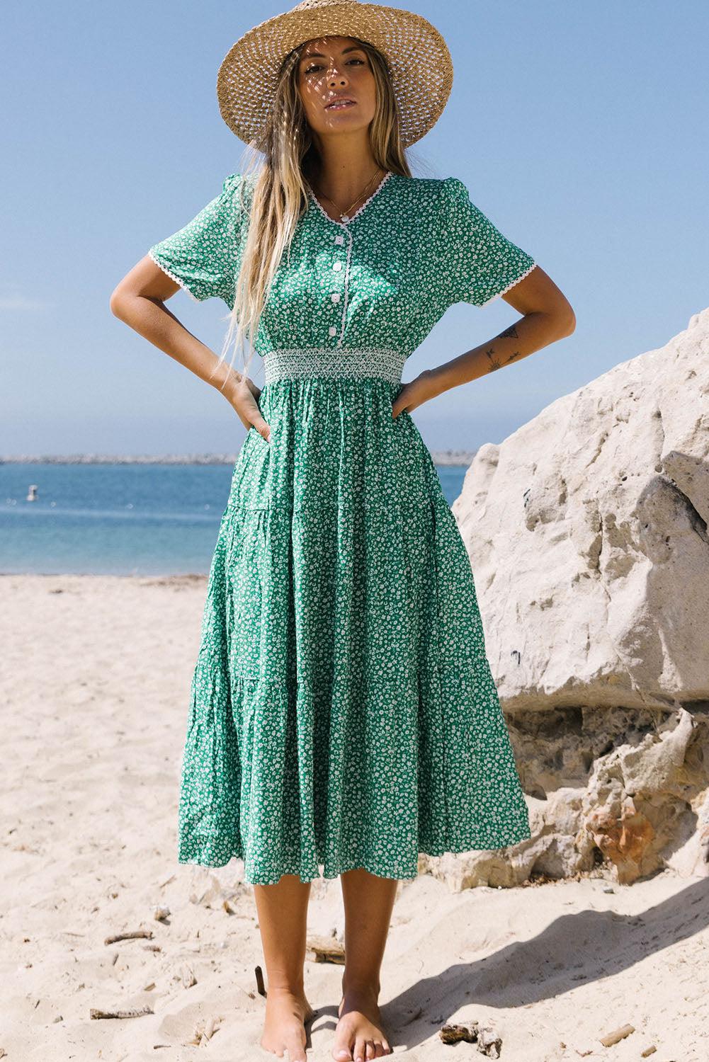 Printed V-Neck Short Sleeve Dress BLUE ZONE PLANET