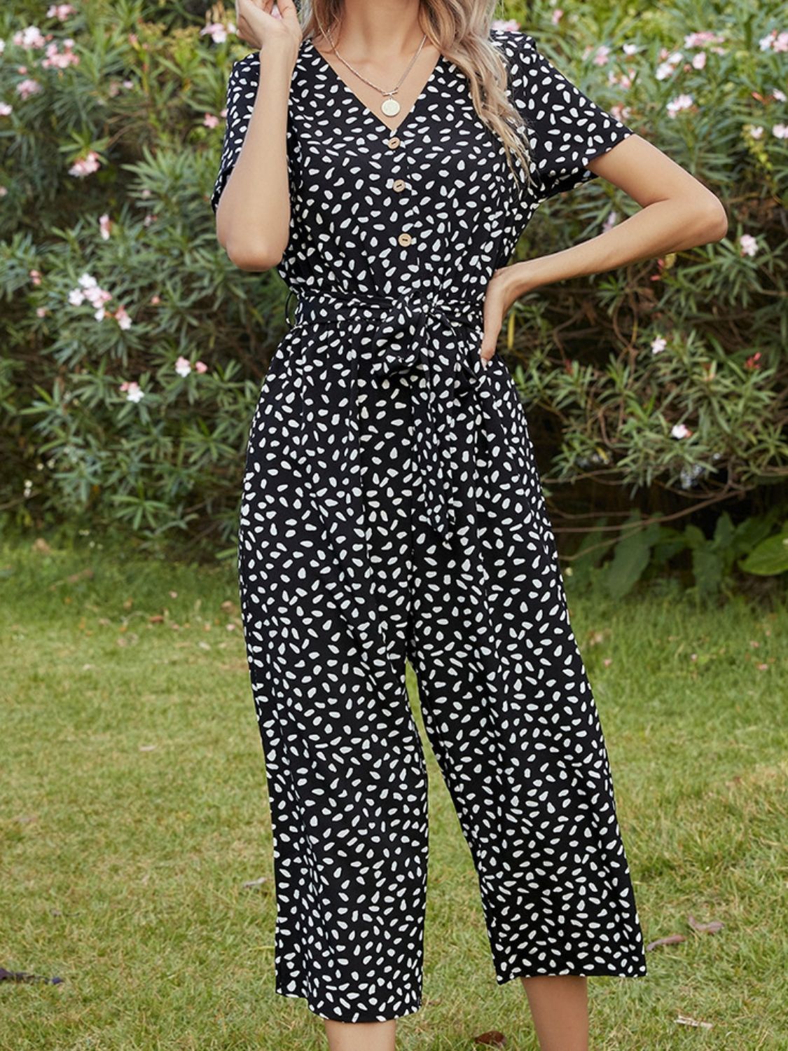 Printed V-Neck Short Sleeve Jumpsuit BLUE ZONE PLANET