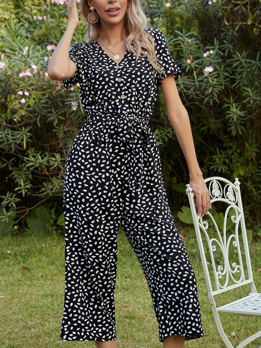 Printed V-Neck Short Sleeve Jumpsuit BLUE ZONE PLANET