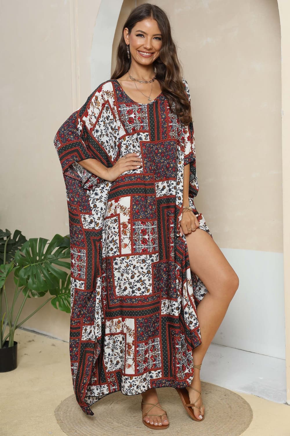 Printed V-Neck Split Maxi Dress BLUE ZONE PLANET