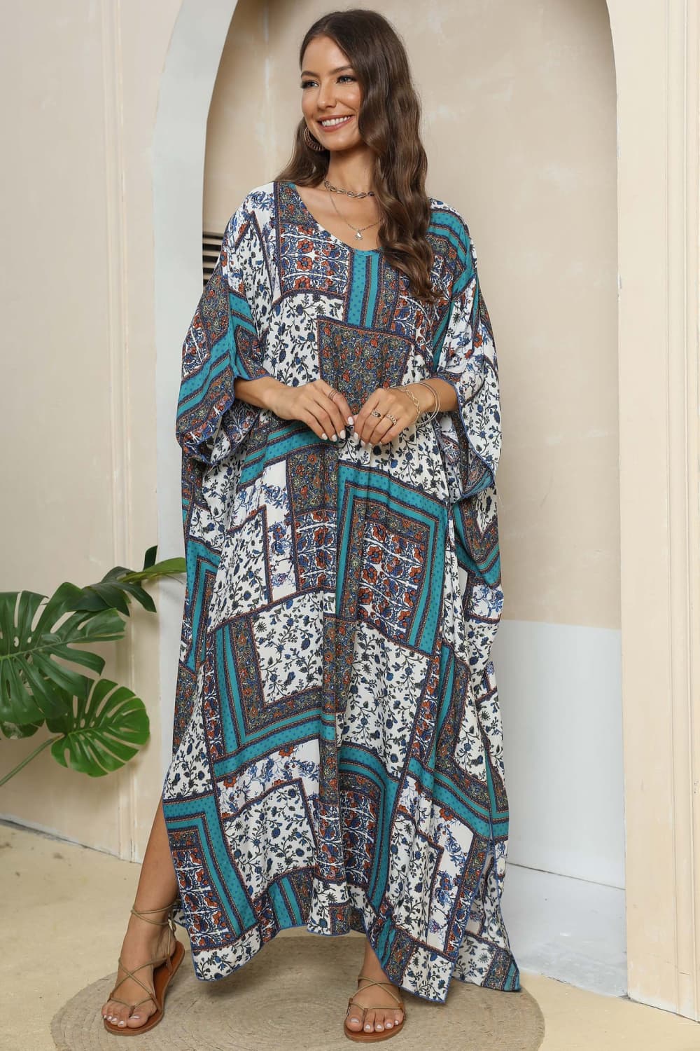 Printed V-Neck Split Maxi Dress BLUE ZONE PLANET