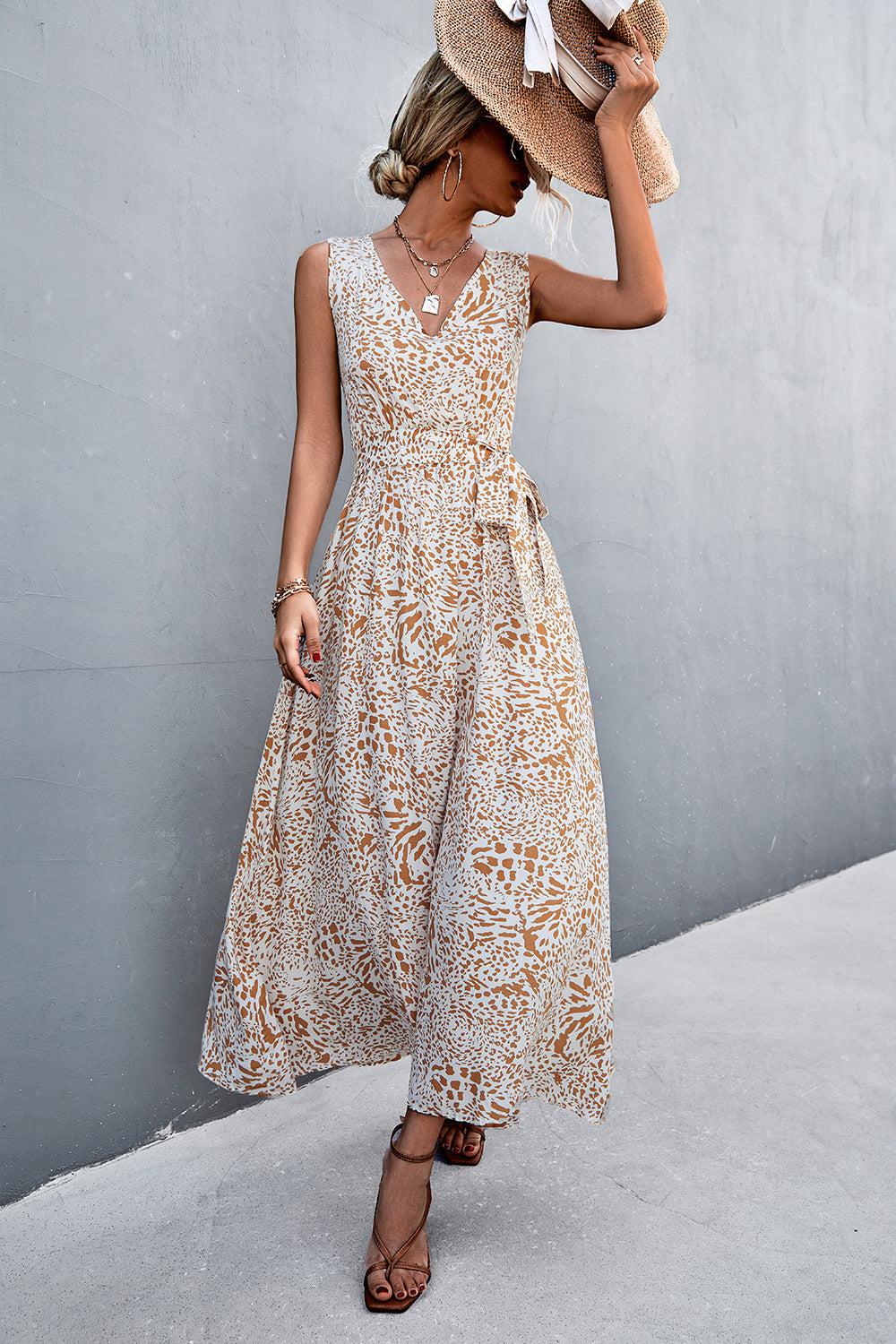 Printed V-Neck Tie Waist Maxi Dress BLUE ZONE PLANET