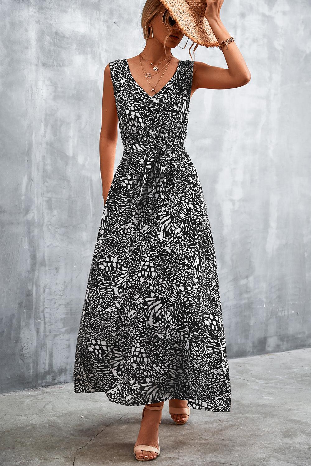 Printed V-Neck Tie Waist Maxi Dress BLUE ZONE PLANET