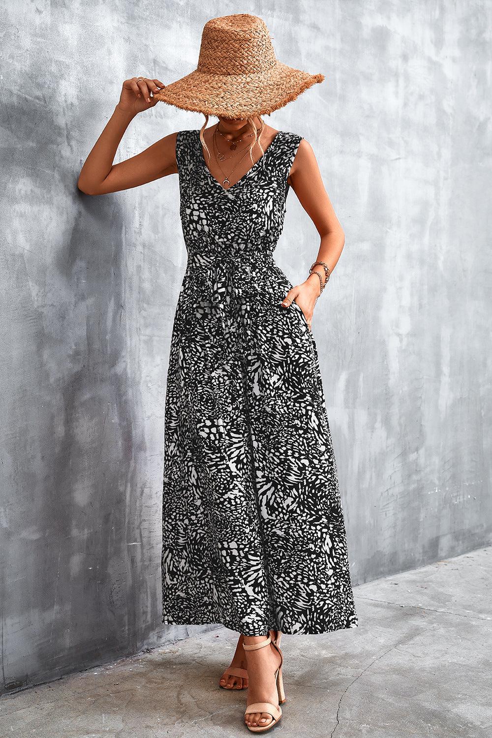 Printed V-Neck Tie Waist Maxi Dress BLUE ZONE PLANET