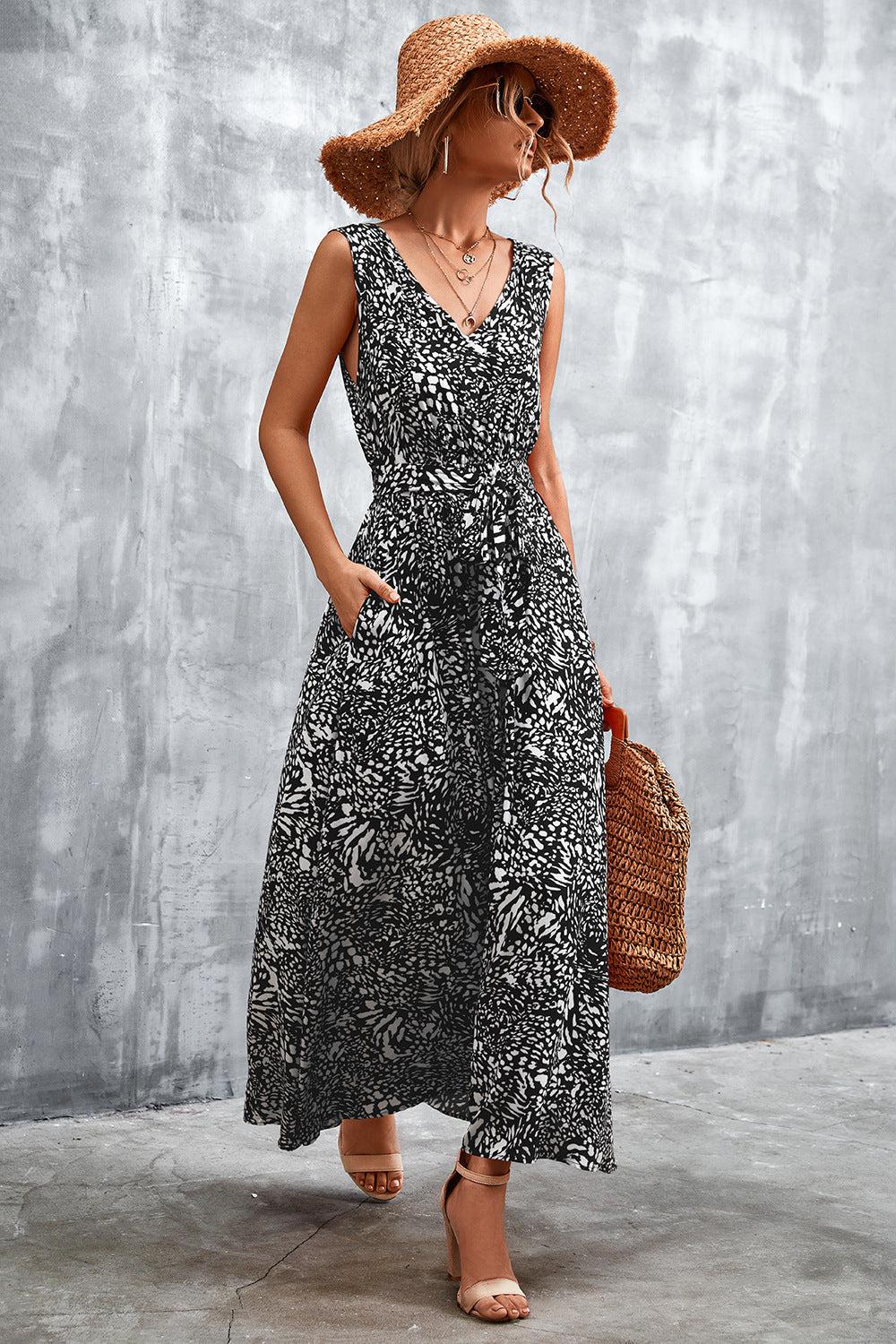 Printed V-Neck Tie Waist Maxi Dress BLUE ZONE PLANET