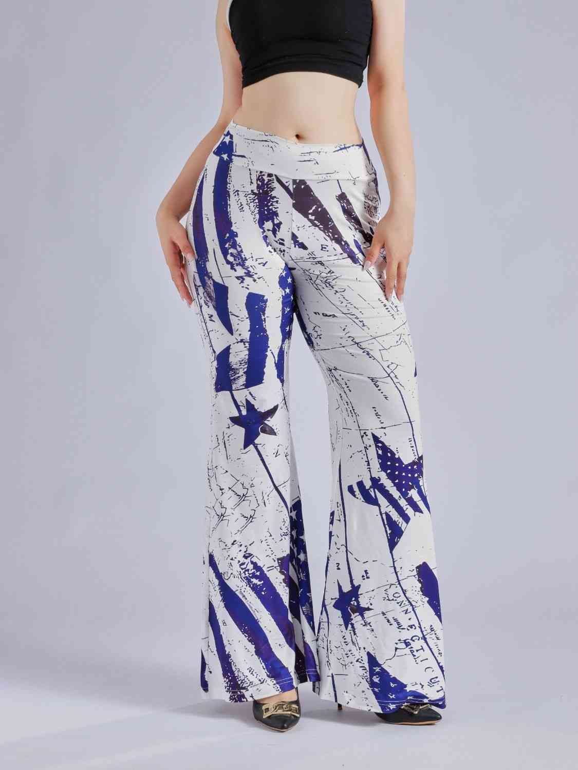 Printed Wide Waistband Flare Pants-TOPS / DRESSES-[Adult]-[Female]-Dusty Blue-S-2022 Online Blue Zone Planet