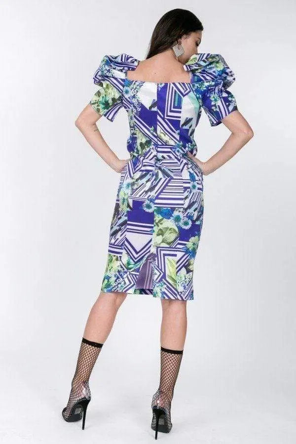 Puff Sleeve Bodycon Print Dress Blue Zone Planet