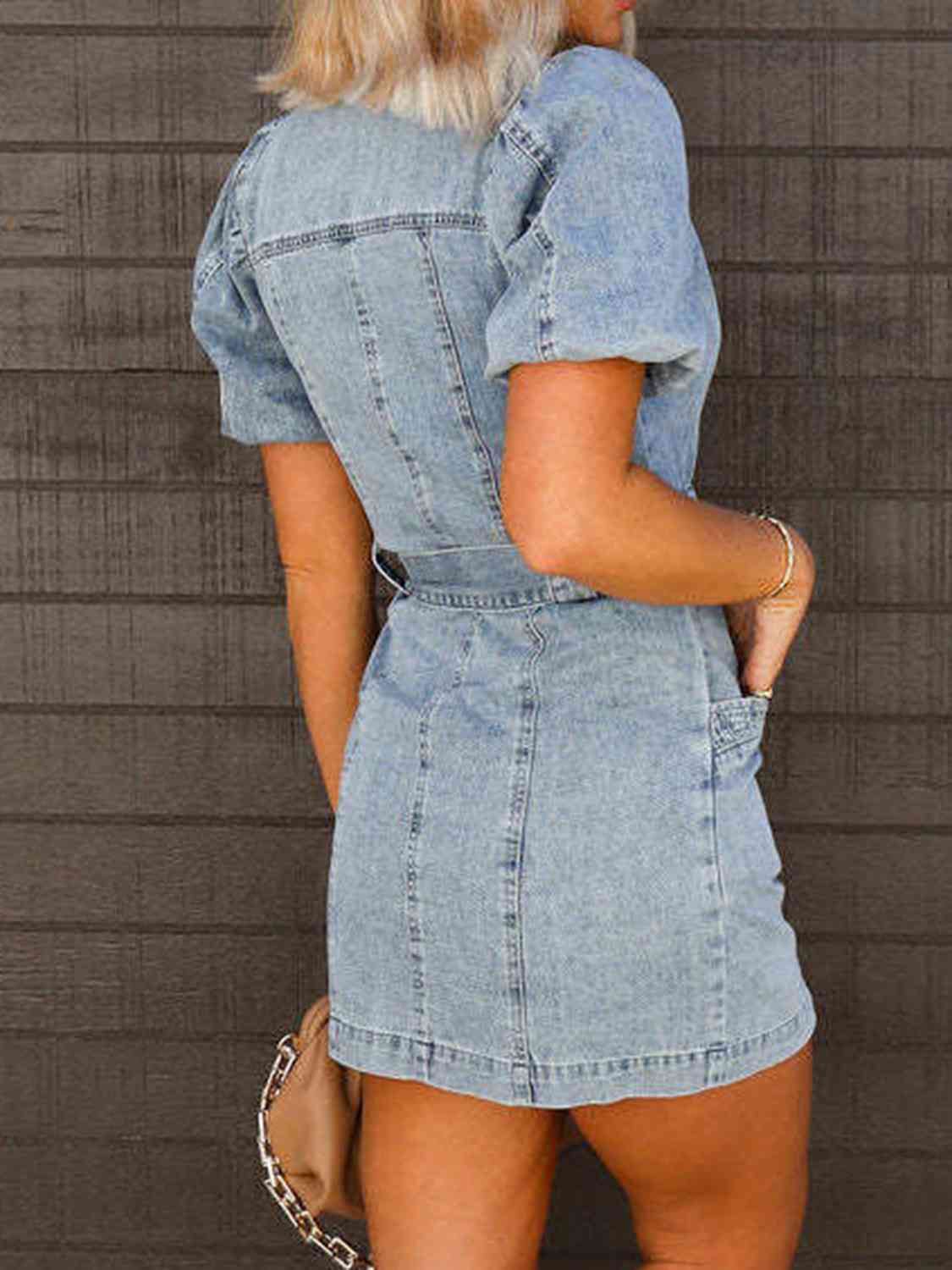 Puff Sleeve Button Up Mini Denim Dress BLUE ZONE PLANET