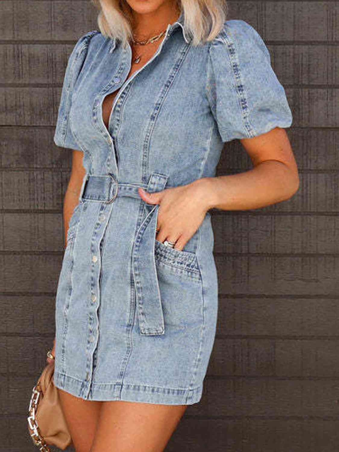 Puff Sleeve Button Up Mini Denim Dress BLUE ZONE PLANET