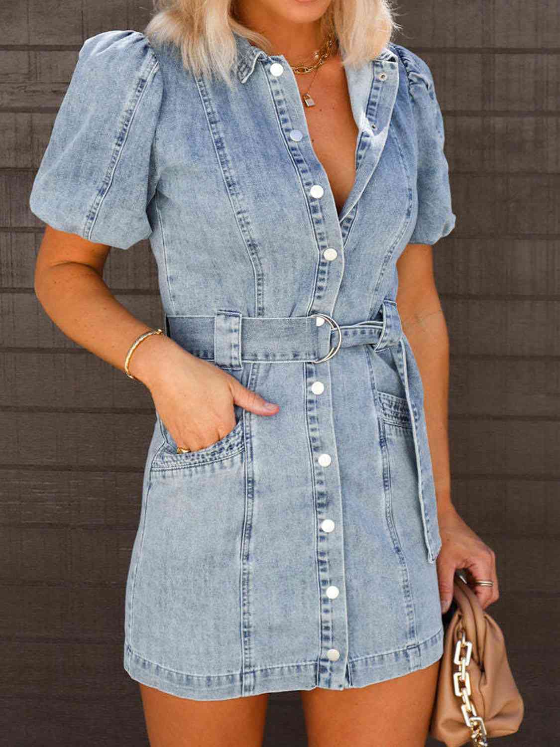 Puff Sleeve Button Up Mini Denim Dress BLUE ZONE PLANET