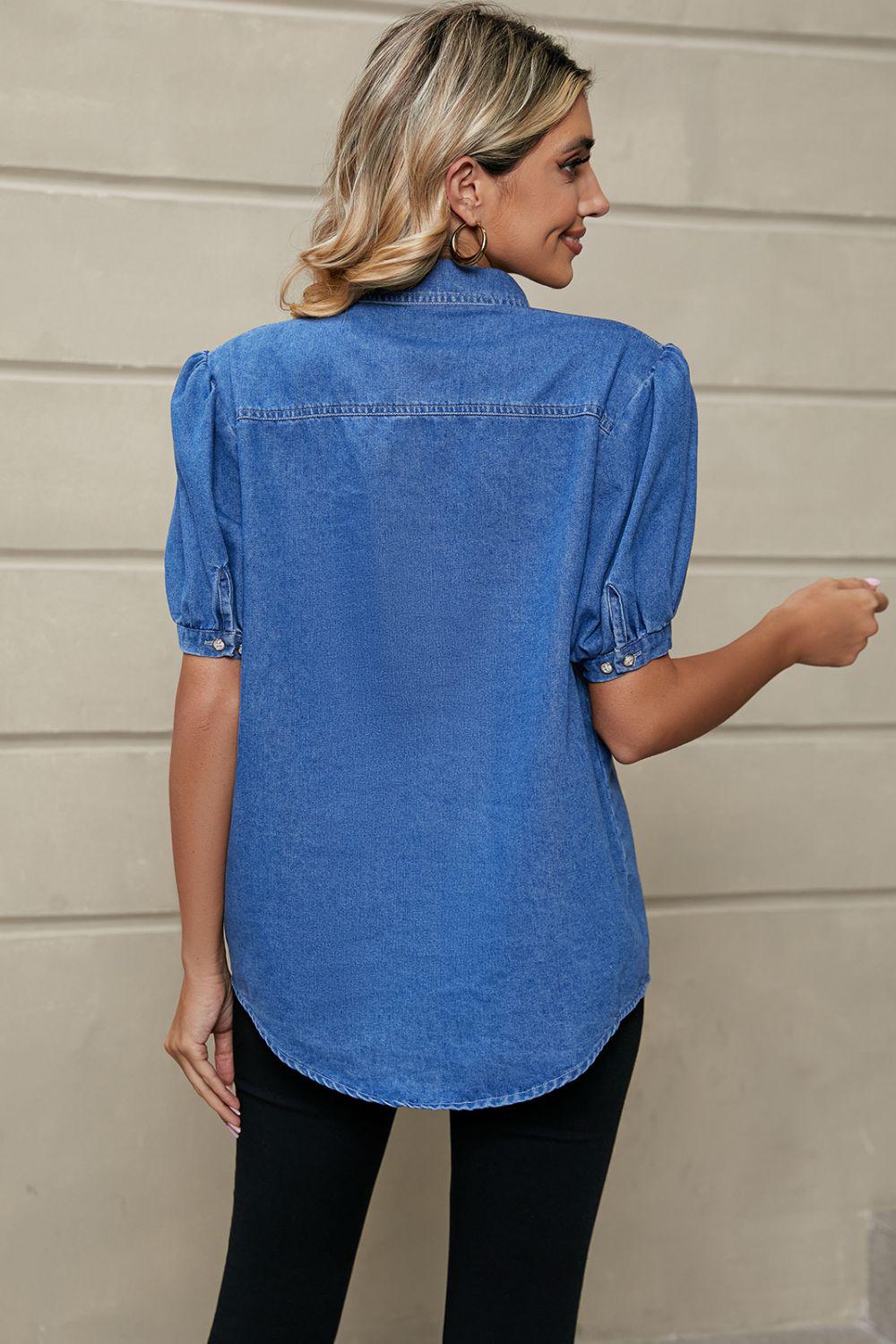 Puff Sleeve Collared Denim Top BLUE ZONE PLANET