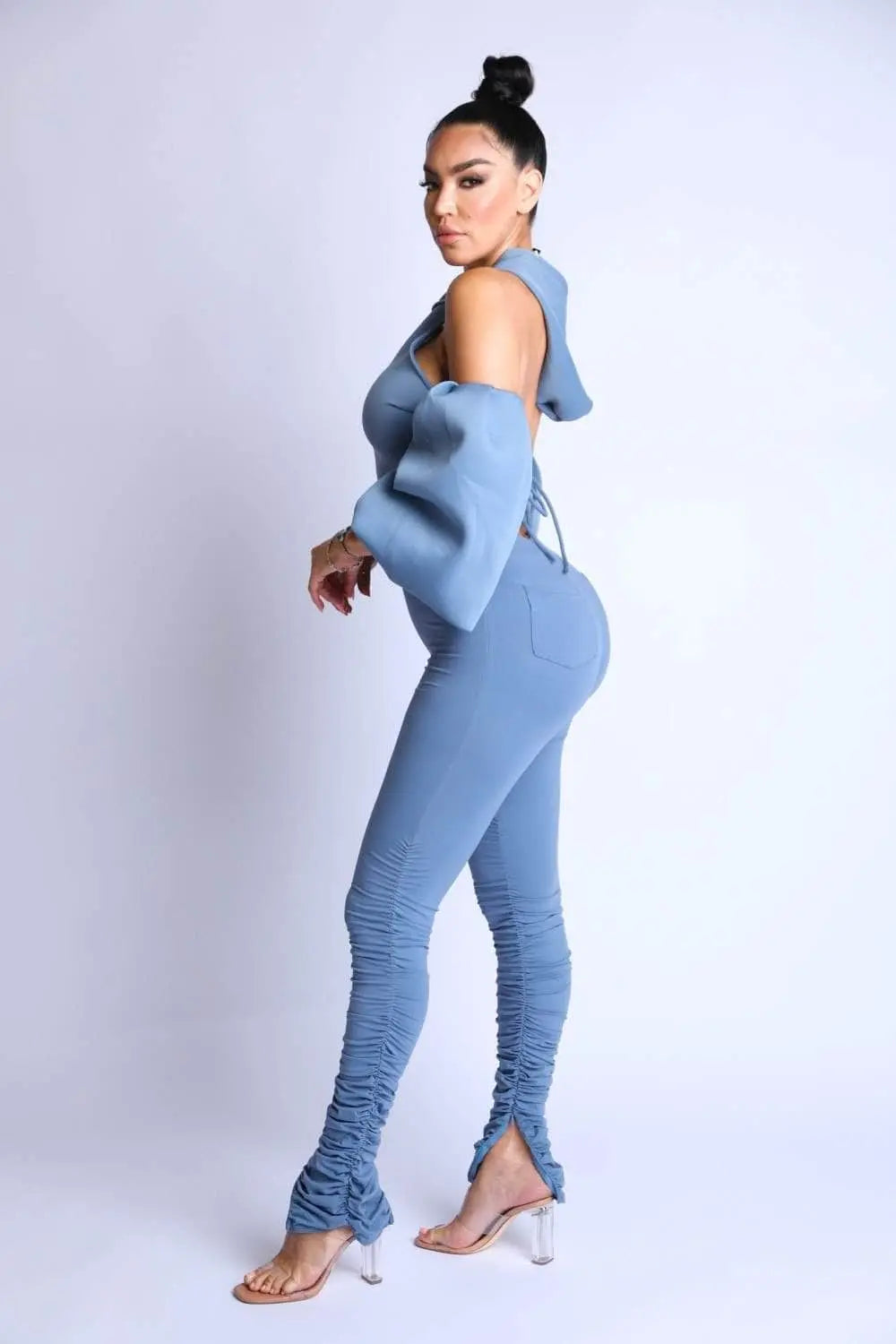 Puff Sleeve Fashion Hoodie with Leggings Set Blue Zone Planet