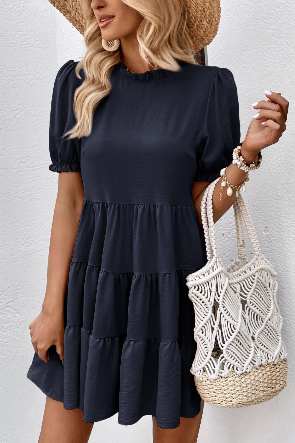 Puff Sleeve Tie Back Tiered Dress BLUE ZONE PLANET