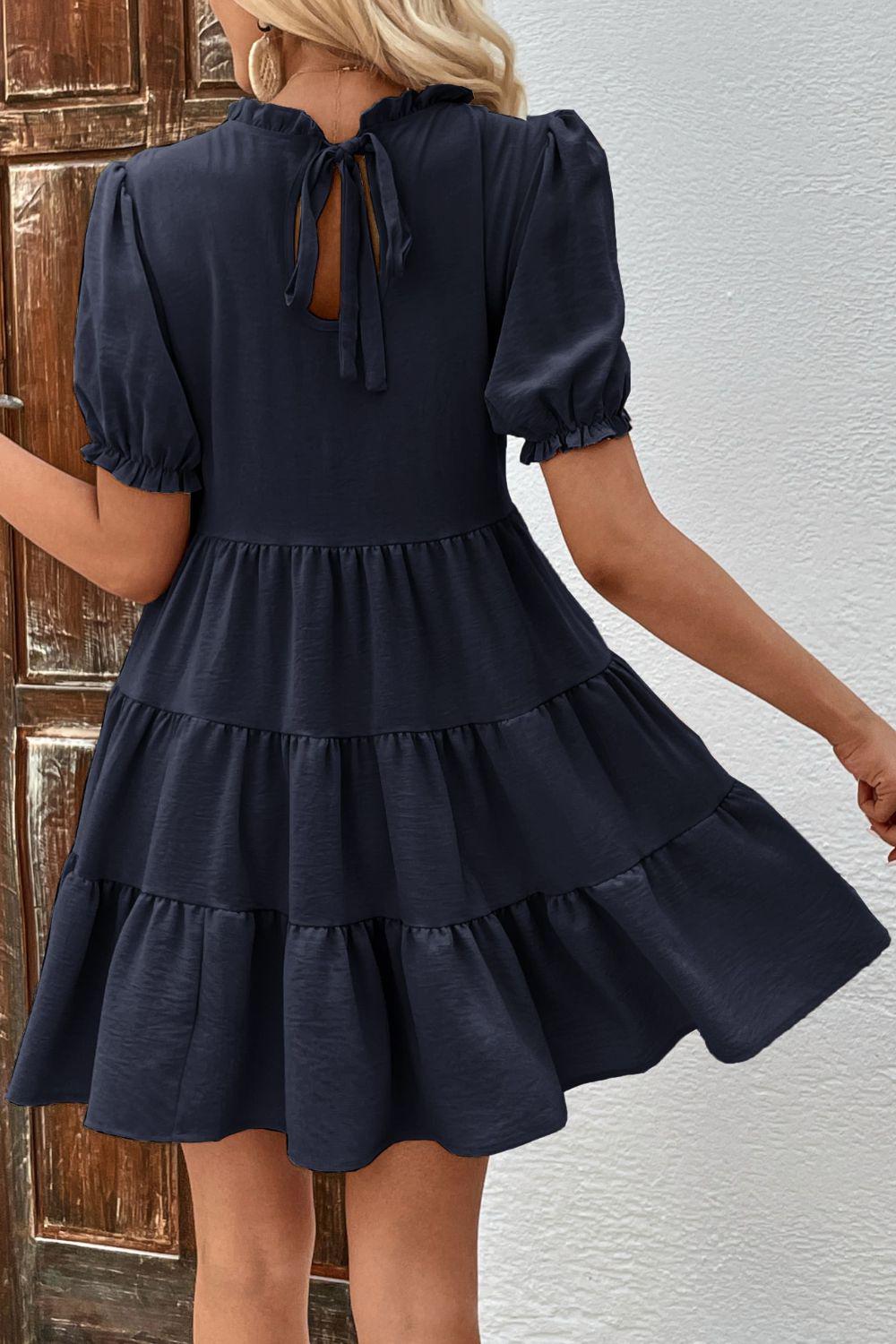 Puff Sleeve Tie Back Tiered Dress BLUE ZONE PLANET