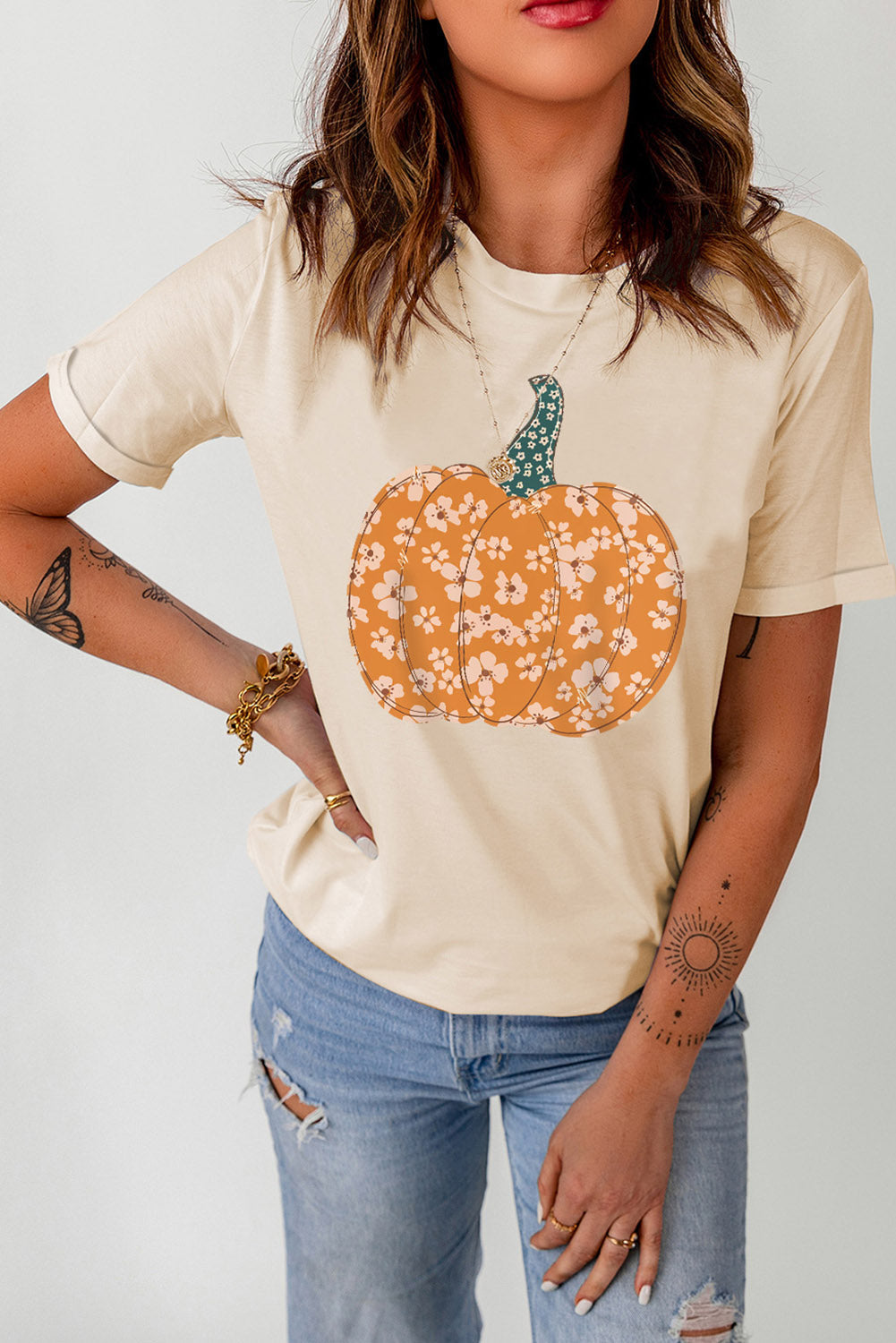 Pumpkin Graphic Round Neck Cuffed T-Shirt BLUE ZONE PLANET