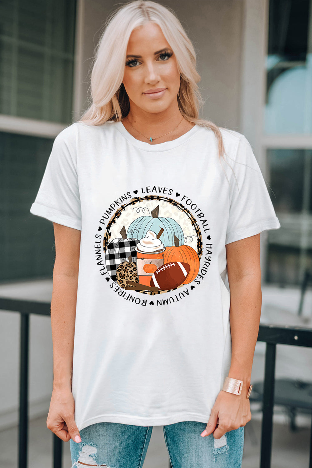 Pumpkin Graphic Round Neck Cuffed T-Shirt BLUE ZONE PLANET