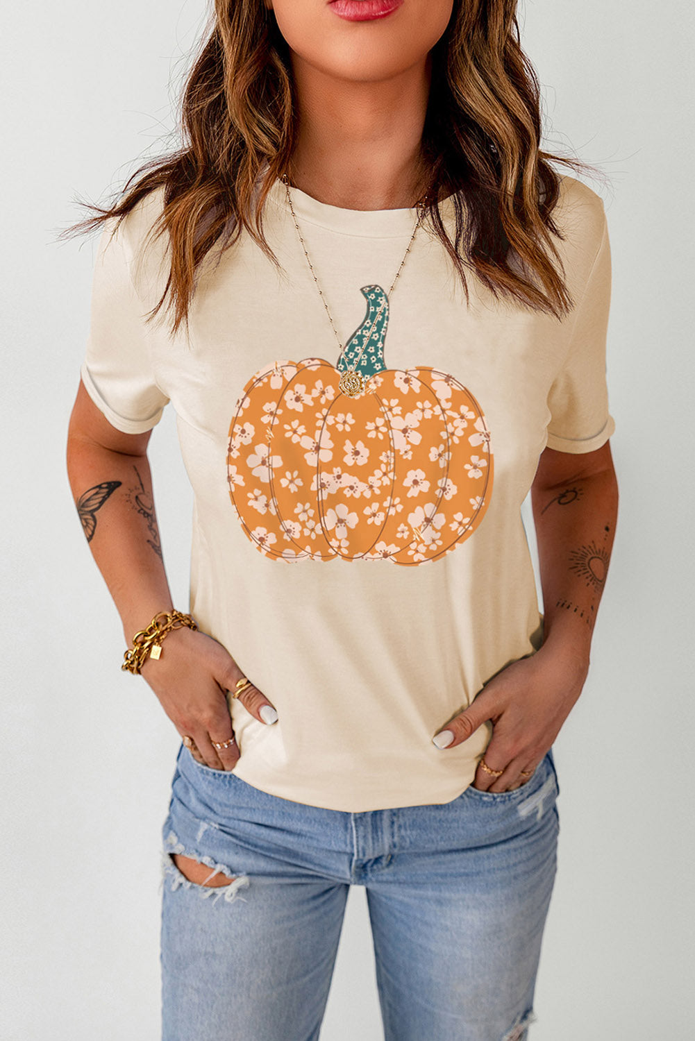 Pumpkin Graphic Round Neck Cuffed T-Shirt BLUE ZONE PLANET