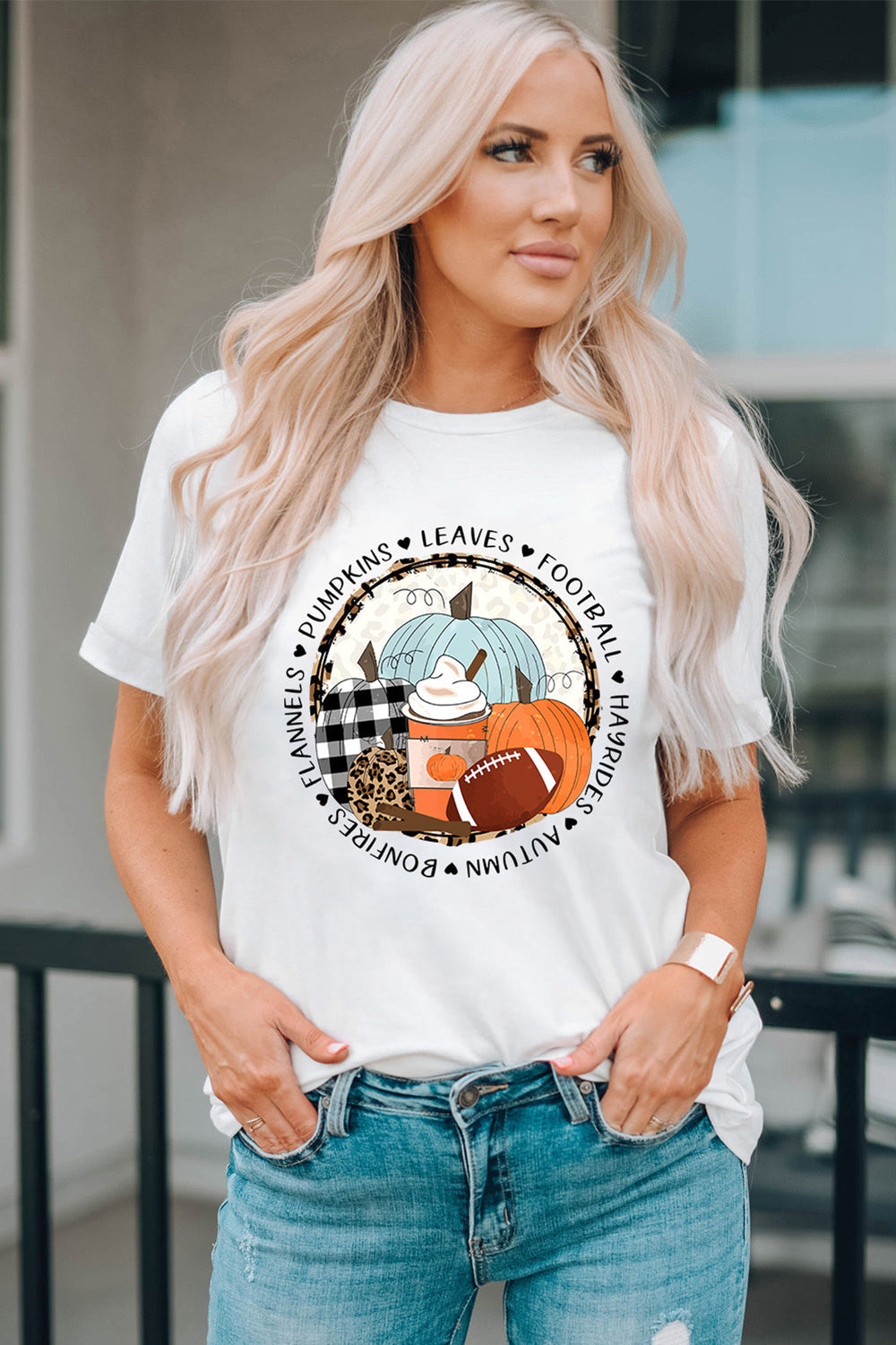 Pumpkin Graphic Round Neck Cuffed T-Shirt BLUE ZONE PLANET