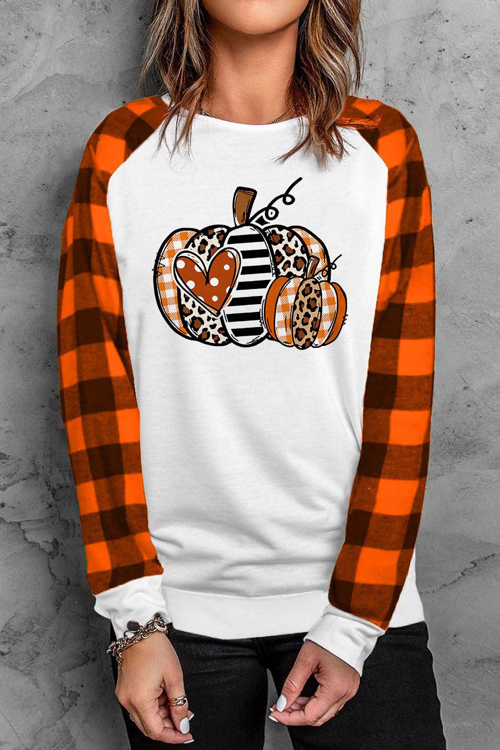 Pumpkin Graphic Round Neck Long Plaid Sleeve Tee BLUE ZONE PLANET