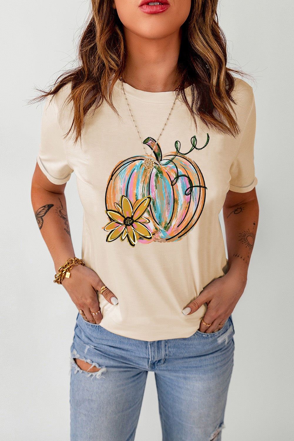 Pumpkin Graphic Round Neck T-Shirt BLUE ZONE PLANET