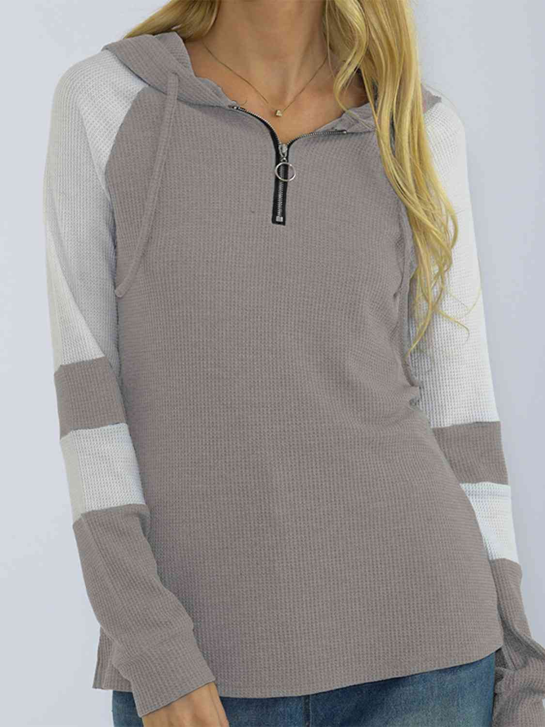 Quarter-Zip Waffle-Knit Hoodie BLUE ZONE PLANET