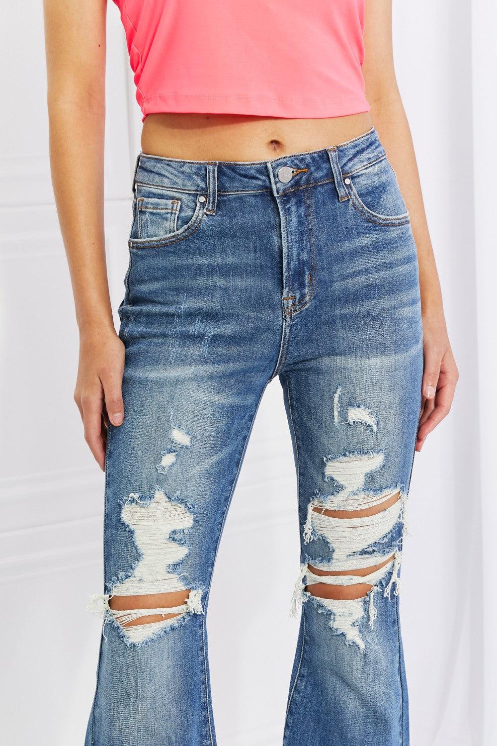 RISEN Full Size Hazel High Rise Distressed Flare Jeans BLUE ZONE PLANET