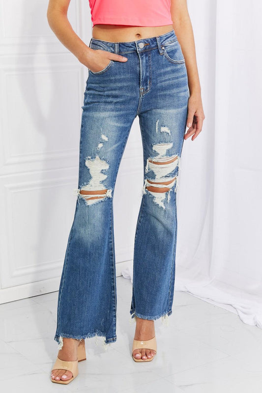 RISEN Full Size Hazel High Rise Distressed Flare Jeans BLUE ZONE PLANET