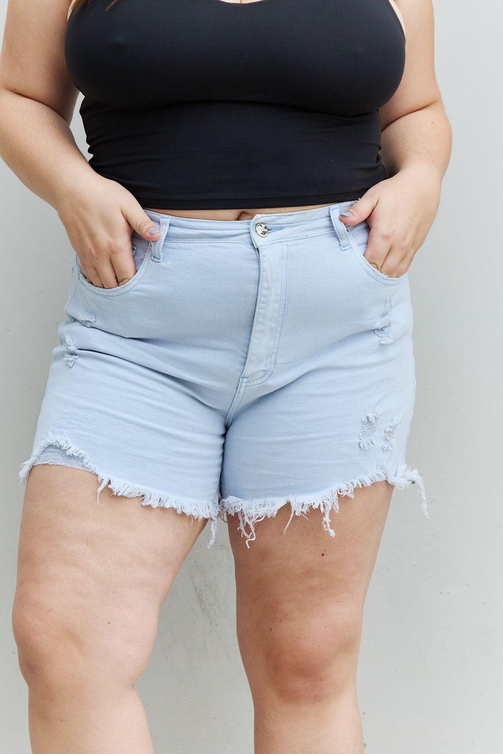 RISEN Katie Full Size High Waisted Distressed Shorts in Ice Blue BLUE ZONE PLANET