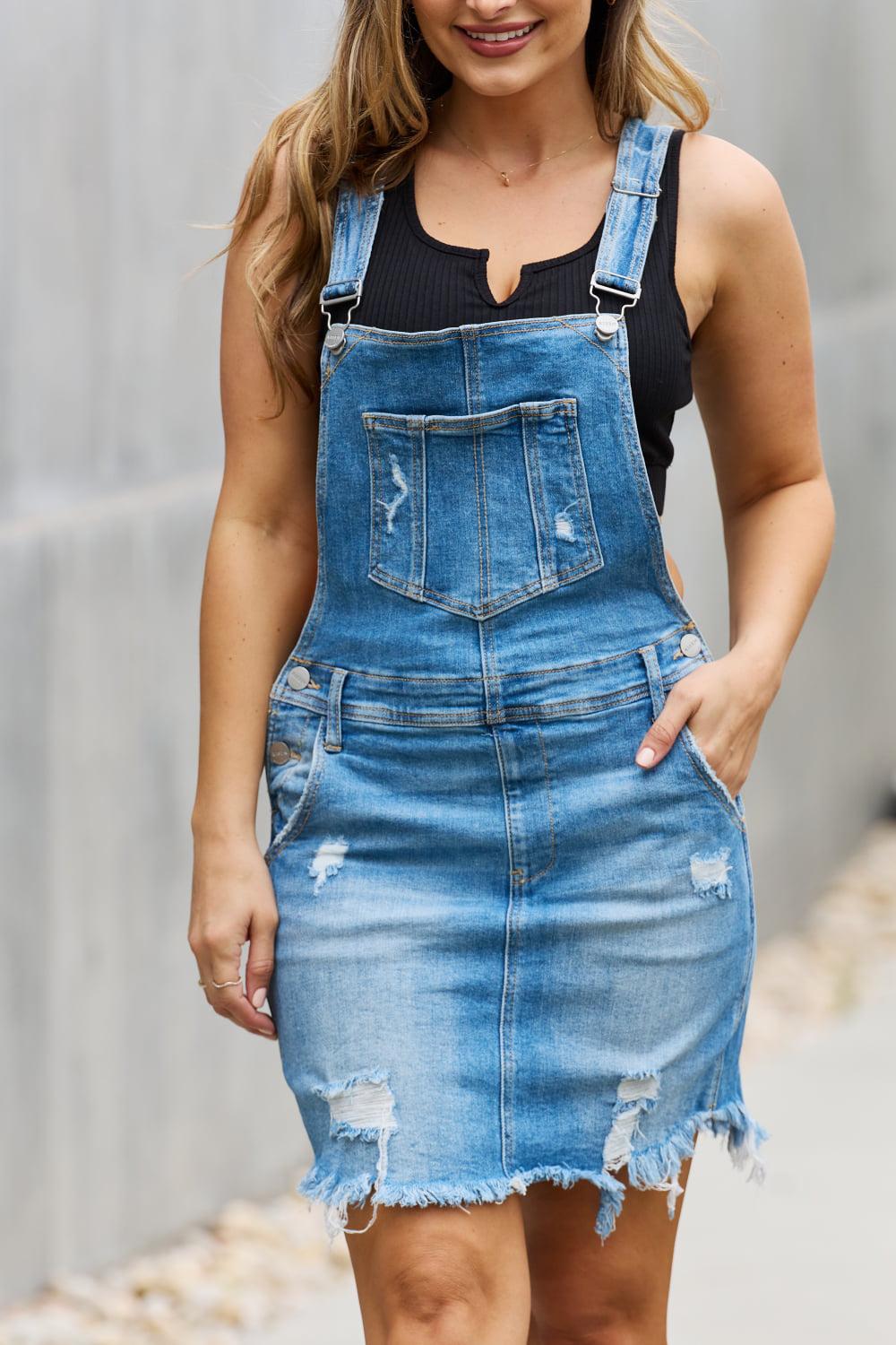 RISEN Olivia Denim Overall Mini Dress BLUE ZONE PLANET