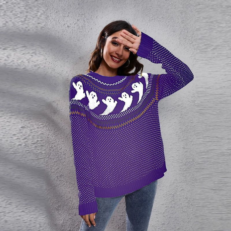 Blue Zone Planet | Women's Halloween Ghost retro wave point long sleeve knitted sweater-TOPS / DRESSES-[Adult]-[Female]-Purple-S-2022 Online Blue Zone Planet