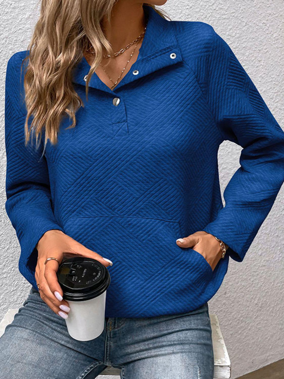 Raglan Sleeve Collared Neck Sweatshirt with Pocket BLUE ZONE PLANET
