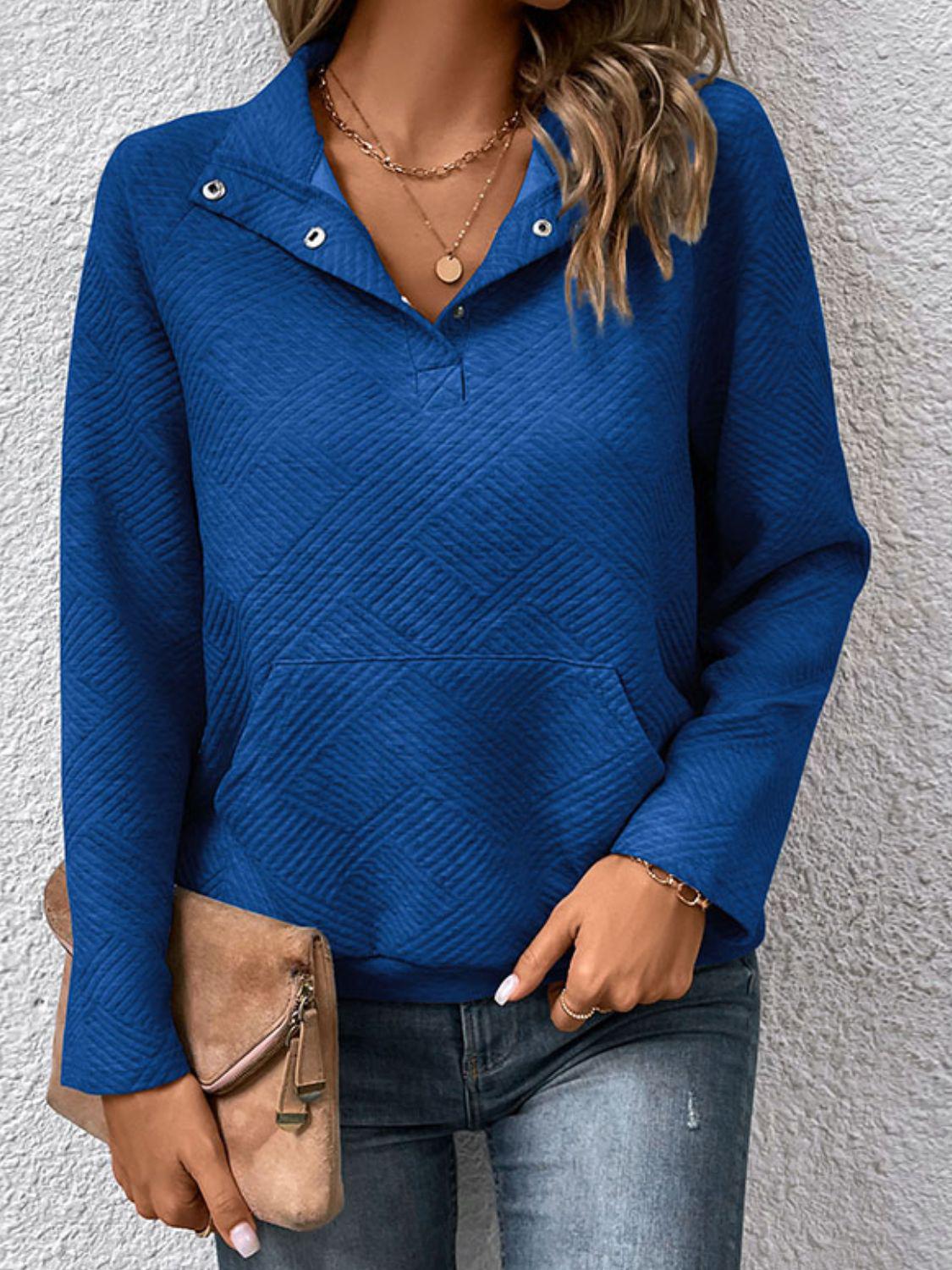 Raglan Sleeve Collared Neck Sweatshirt with Pocket BLUE ZONE PLANET