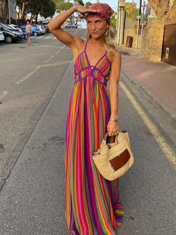 Rainbow striped V-neck sleeveless maxi beach dress kakaclo