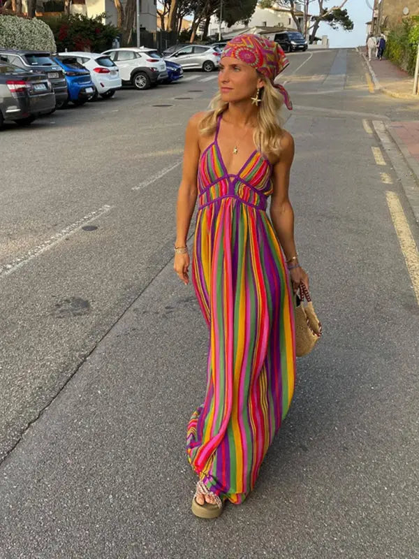 Rainbow striped V-neck sleeveless maxi beach dress kakaclo