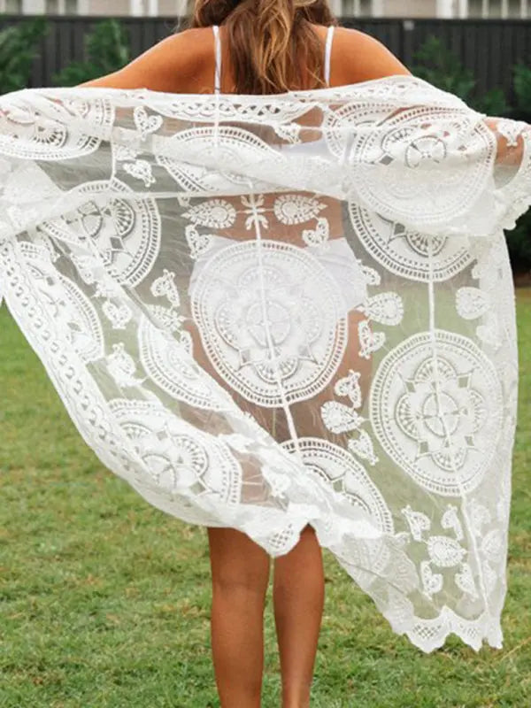 Raven's Embroidered lace bikini and mesh cardigan beach cover-up kakaclo