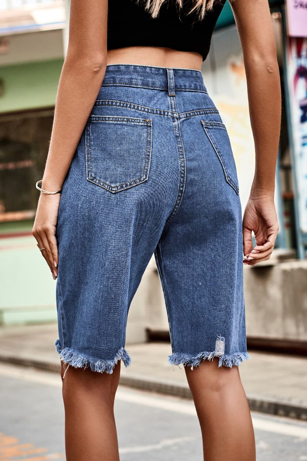 Raw Hem High Waist Denim Shorts with Pockets BLUE ZONE PLANET