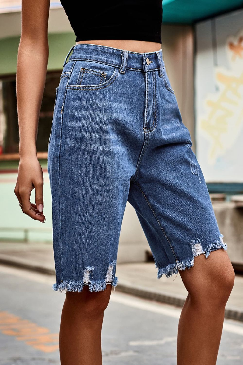 Raw Hem High Waist Denim Shorts with Pockets BLUE ZONE PLANET