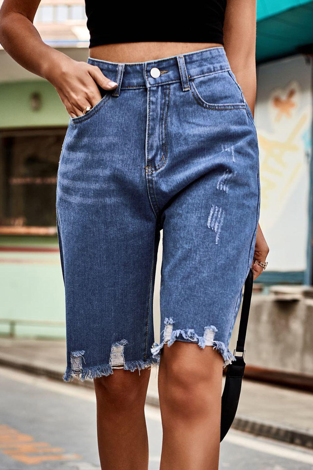 Raw Hem High Waist Denim Shorts with Pockets BLUE ZONE PLANET