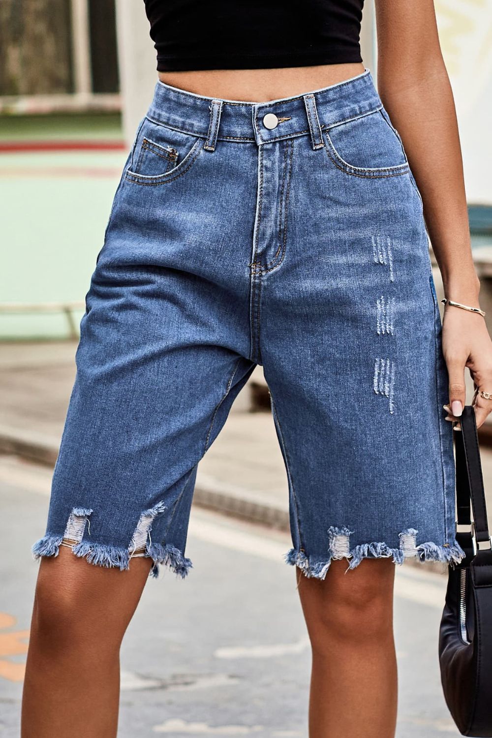 Raw Hem High Waist Denim Shorts with Pockets BLUE ZONE PLANET