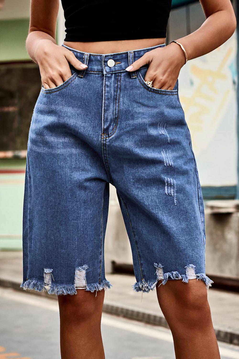 Raw Hem High Waist Denim Shorts with Pockets BLUE ZONE PLANET