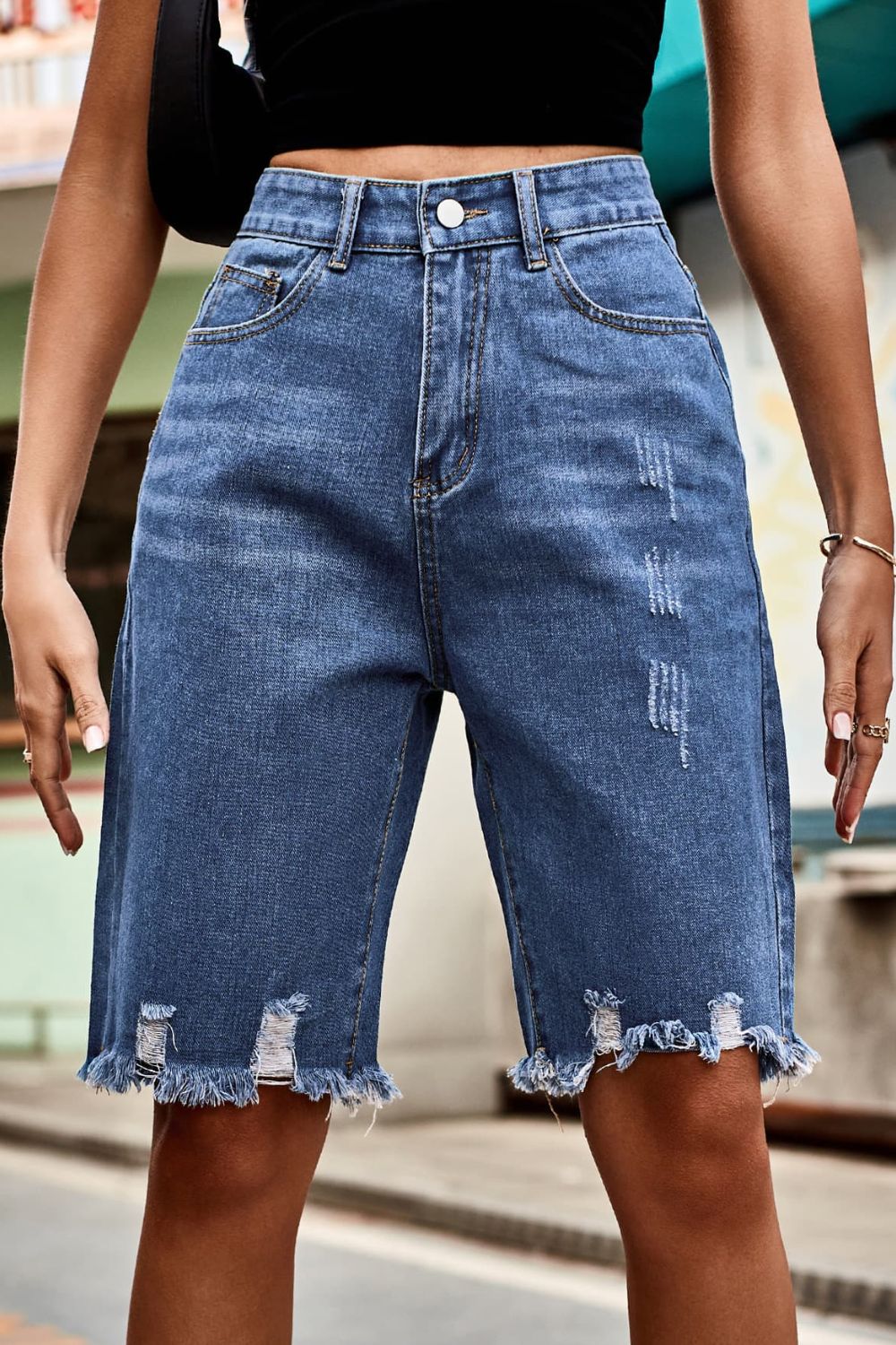 Raw Hem High Waist Denim Shorts with Pockets BLUE ZONE PLANET