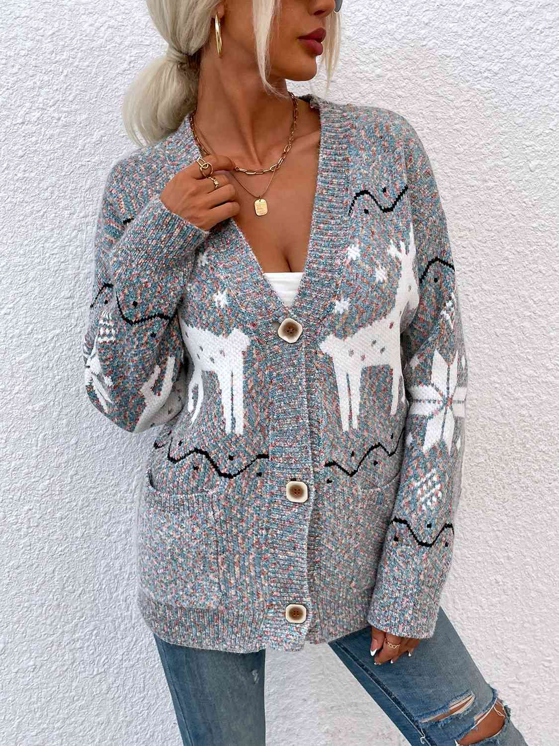 Reindeer Button Down Cardigan with Pockets BLUE ZONE PLANET