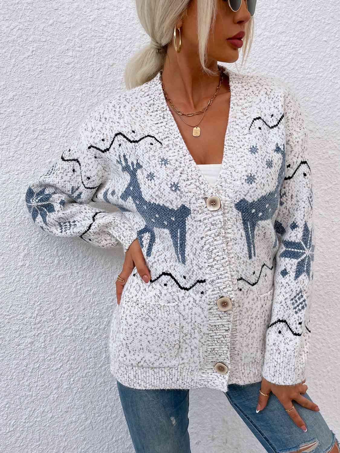 Reindeer Button Down Cardigan with Pockets BLUE ZONE PLANET