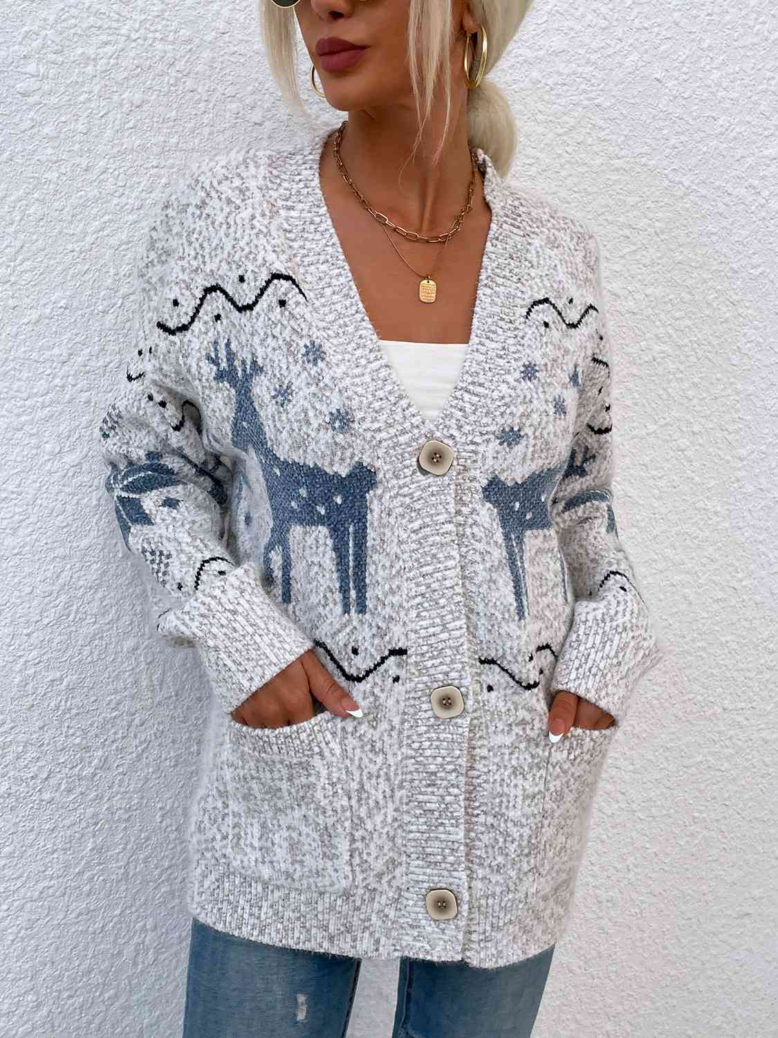 Reindeer Button Down Cardigan with Pockets BLUE ZONE PLANET