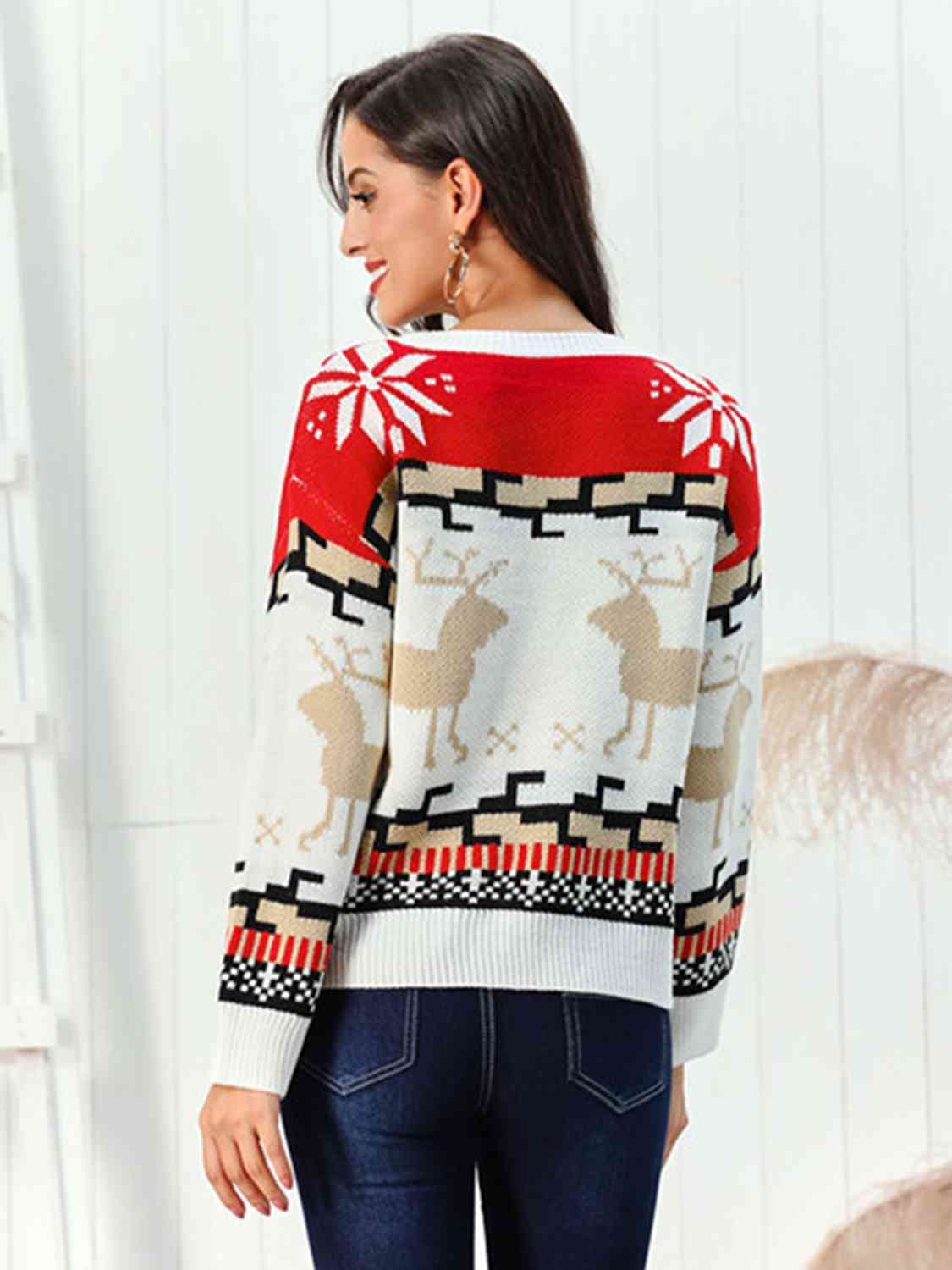 Reindeer Round Neck Sweater BLUE ZONE PLANET