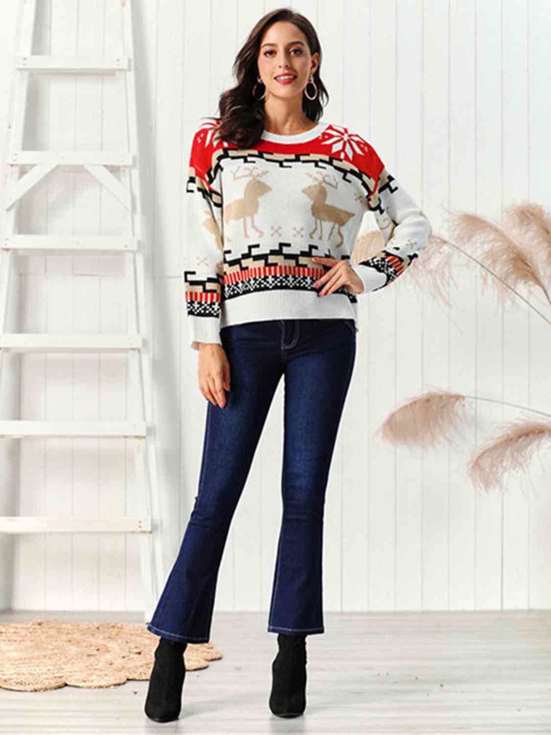 Reindeer Round Neck Sweater BLUE ZONE PLANET