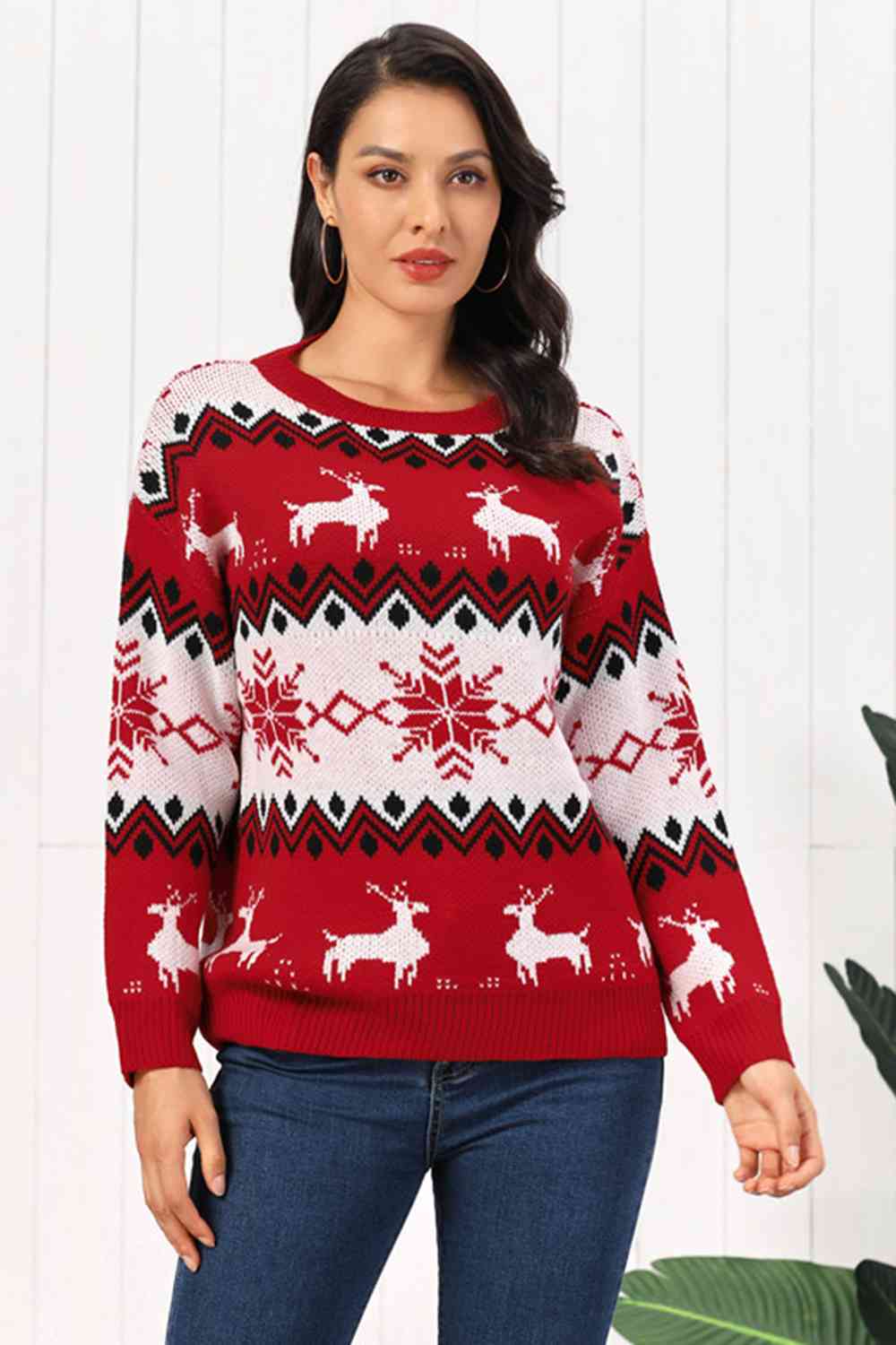 Reindeer Round Neck Sweater BLUE ZONE PLANET