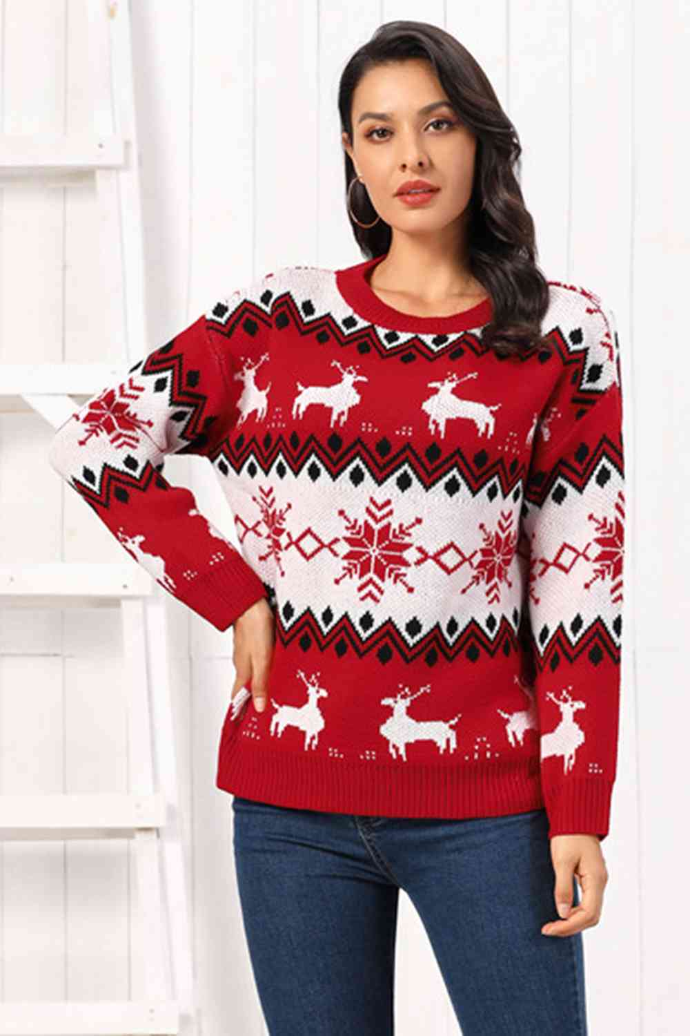 Reindeer Round Neck Sweater BLUE ZONE PLANET