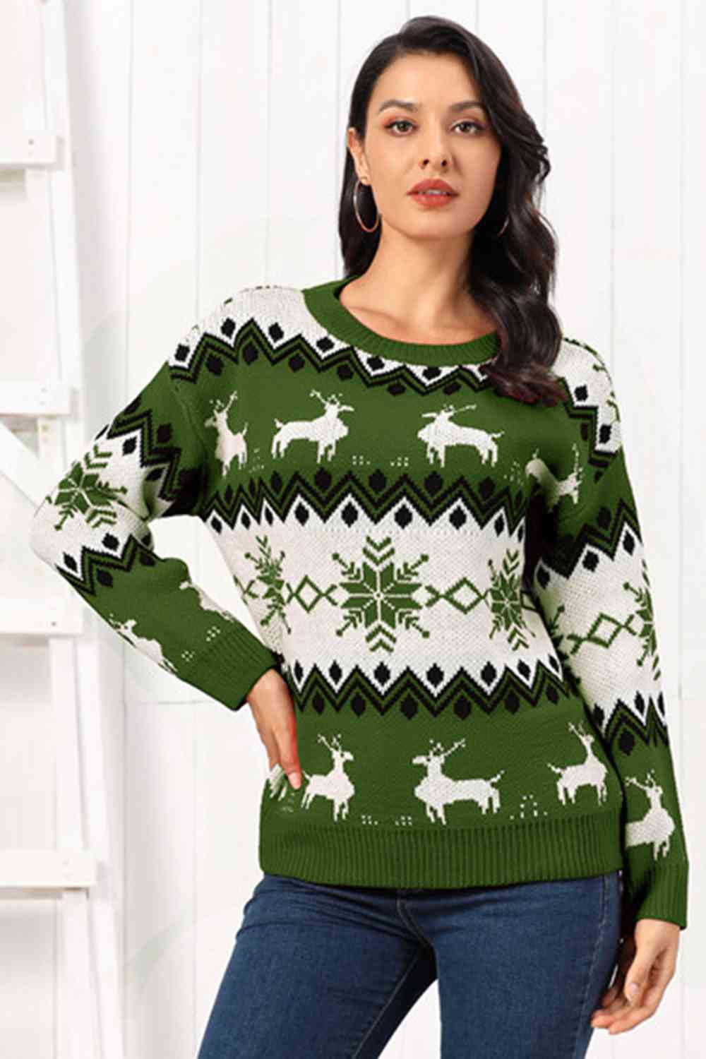 Reindeer Round Neck Sweater BLUE ZONE PLANET