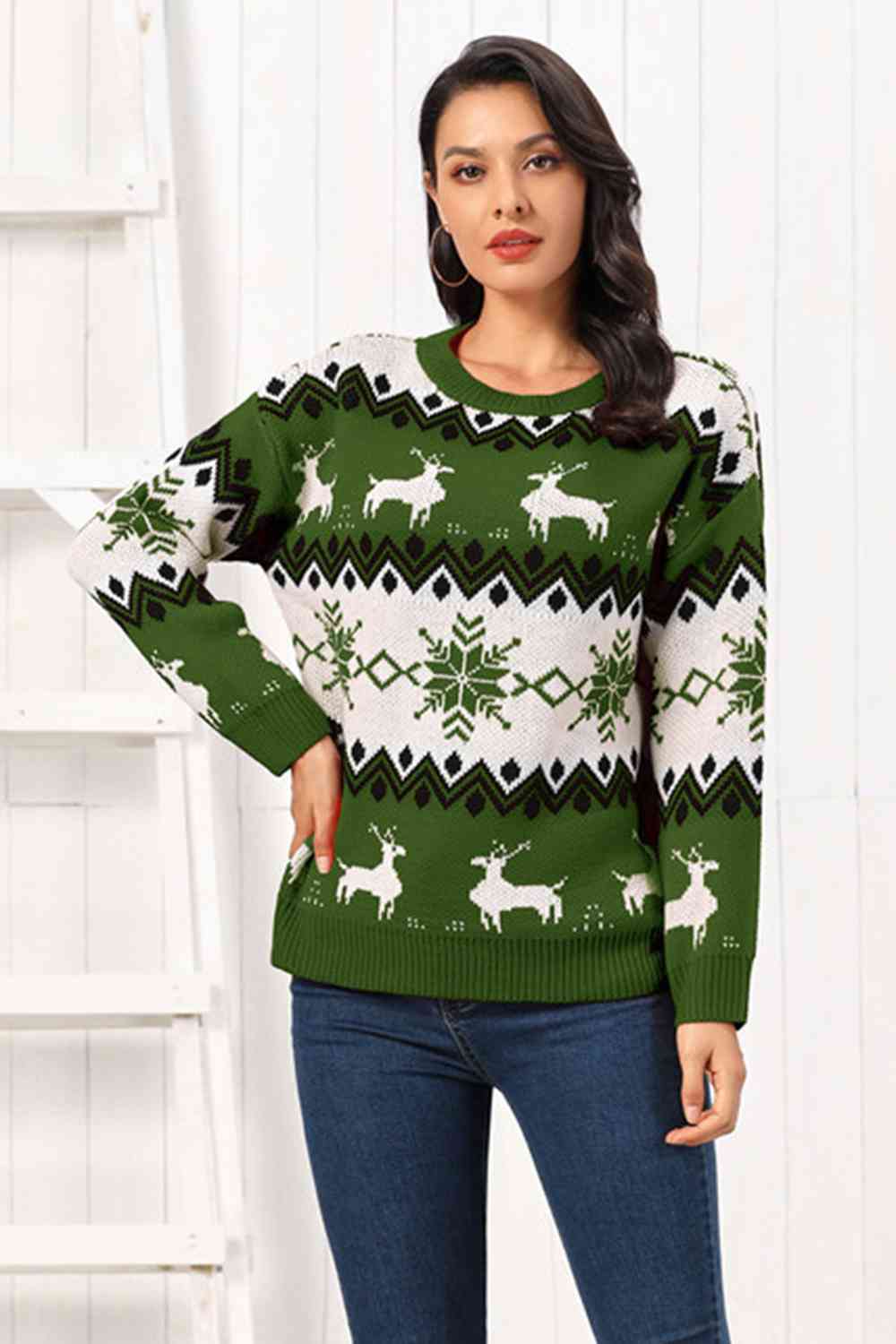 Reindeer Round Neck Sweater BLUE ZONE PLANET